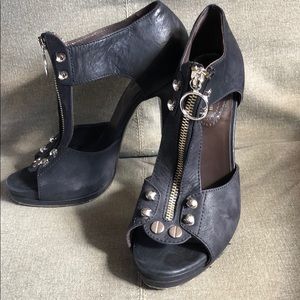 R Cavalli open toe bootie heals suede